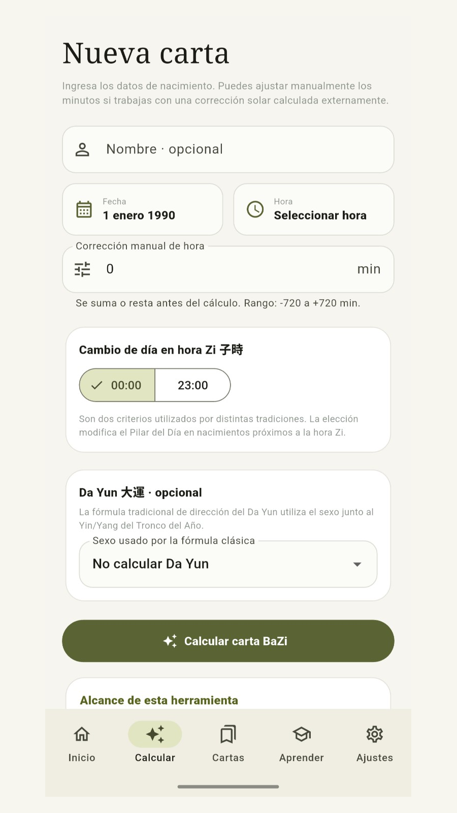 Creación de una nueva carta BaZi